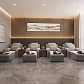 Elegant Modern Lobby Area With White Reception Desk Mirrored Ceiling Pendant Lights And Marble Flooring