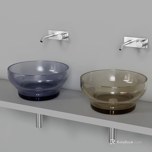 Modern Glass Washbasins Blue And Brown Design On White Shelf With Silver Faucets Above 3d model 