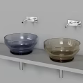 Modern Glass Washbasins Blue And Brown Design On White Shelf With Silver Faucets Above