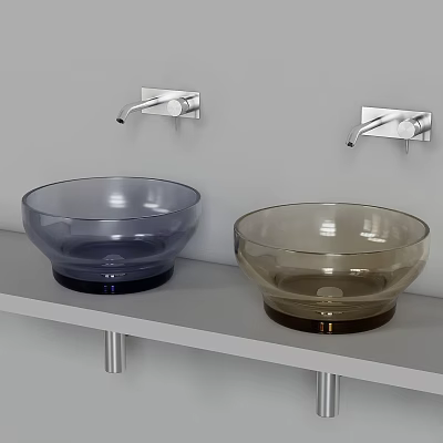 Modern Glass Washbasins Blue And Brown Design On White Shelf With Silver Faucets Above 3d model