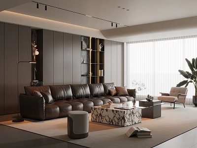 Italian Home Living Room Sofa Coffee Table Combination Multi-seat Leather Sofa Marble Coffee Table Open Bookcase Decorative Locker Leisure Sofa Chair Background Wall 3d model