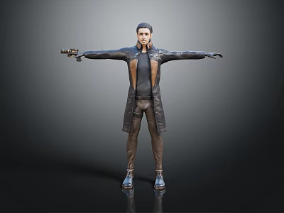 Male Game and Movie Character in Long Coat Holding Gun with Arms Outstretched 3d model