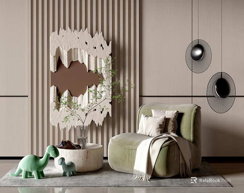 Light Green Single Sofa With Pillows Blanket Plant On Striped Wall Abstract Mirror Lights 3d model 