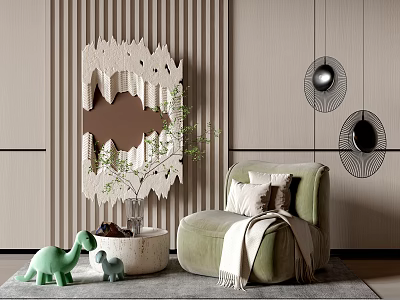 Light Green Single Sofa With Pillows Blanket Plant On Striped Wall Abstract Mirror Lights 3d model
