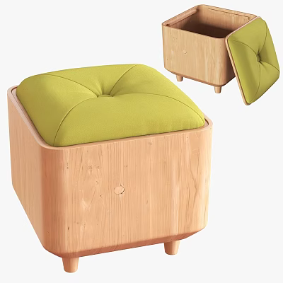 Wooden Storage Stool With Green Padded Cushion And Lift Top Lid 3d model