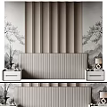 Chinese Style Bedroom Accent Wall With Pine Tree Landscape Vertical Slats And Gray Headboard