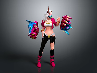 Horned 3D Character With White Hair Mask Pink Coat Black Torn Pants Large Colorful Gloves 3d model