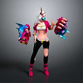 Horned 3D Character With White Hair Mask Pink Coat Black Torn Pants Large Colorful Gloves