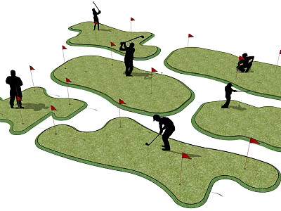 Lush Green Grass Lawns On Golf Course With Players And Red Flags 3d model