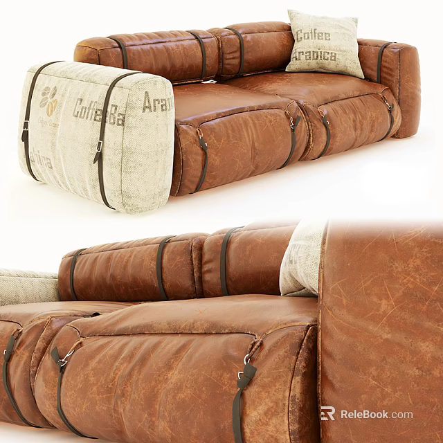 Brown Leather Two Seater Sofa with Beige Cushions Stitched Details and Metal Buckles 3d model 