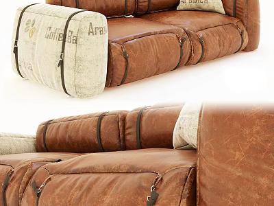 Brown Leather Two Seater Sofa with Beige Cushions Stitched Details and Metal Buckles 3d model