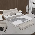 Modern Bedroom With Light Gray Double Bed Wooden Wall Floor Lamp Armchair Ottoman And Carpet