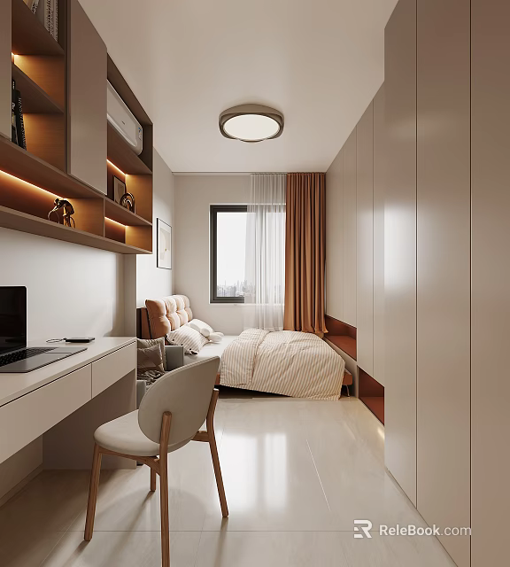 Modern Kids Bedroom Interior Design With Bed Desk Chair Wardrobe And Bookshelf 3d model 