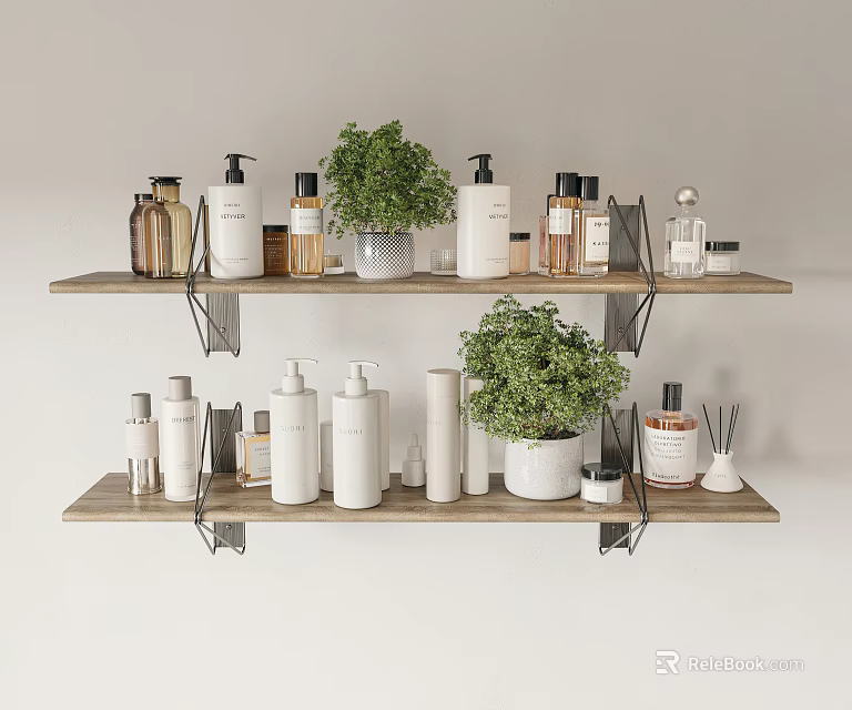 Bathroom Accessories Display On Wooden Shelves With Green Plants And Various Bottles 3d model 