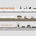 Three Modern Fireplaces With Flames Marble And Wooden Shelves Decorative Vases Bowls And Books