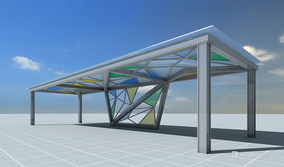 Modern Pergola Design With Colorful Glass Panels And Geometric Metal Frame 3d model 
