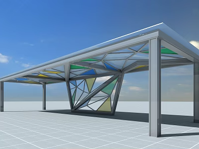 Modern Pergola Design With Colorful Glass Panels And Geometric Metal Frame 3d model