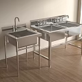 Two Stainless Steel Kitchen Sinks with Stands on Wooden Floor in Bright Room
