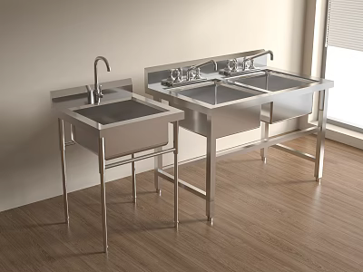 Two Stainless Steel Kitchen Sinks with Stands on Wooden Floor in Bright Room 3d model