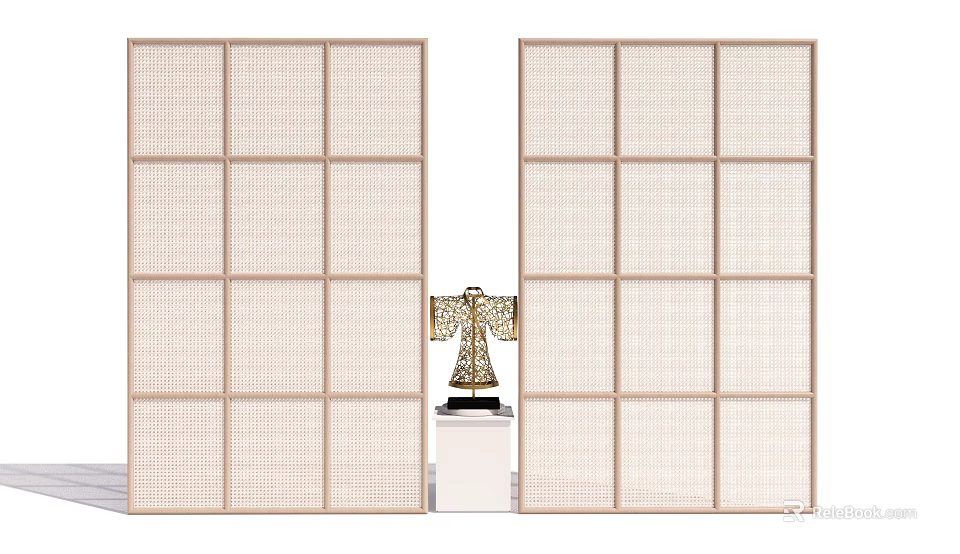 Minimalist Room Divider With Wooden Frame Woven Panels And Decorative Sculpture On White Pedestal 3d model 