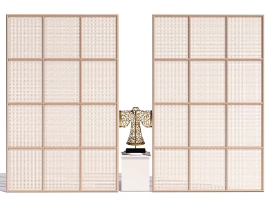 Minimalist Room Divider With Wooden Frame Woven Panels And Decorative Sculpture On White Pedestal 3d model
