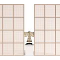 Minimalist Room Divider With Wooden Frame Woven Panels And Decorative Sculpture On White Pedestal