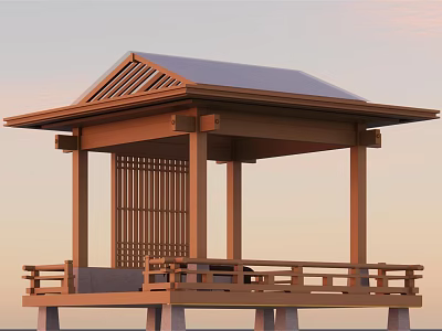 Traditional Garden Landscape With Wooden Pavilion Roof Columns Lattice And Railing 3d model