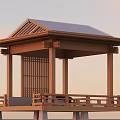 Traditional Garden Landscape With Wooden Pavilion Roof Columns Lattice And Railing