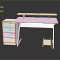 Modern Office Desk Design With White Surface Orange Trim Drawers And Attached Shelf