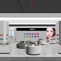 ALUXO Cosmetics Store Bright Interior Featuring White Display Counters Colorful Circular Elements And Model Face
