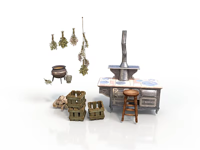 Traditional Rustic Kitchen Scene With Hanging Herbs Stove Wooden Crates And Stool 3d model