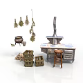 Traditional Rustic Kitchen Scene With Hanging Herbs Stove Wooden Crates And Stool