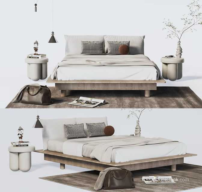 Minimalist Double Bed Interior With Wooden Frame White Linens Pillows Side Tables And Lamps 3d model 