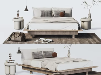 Minimalist Double Bed Interior With Wooden Frame White Linens Pillows Side Tables And Lamps 3d model