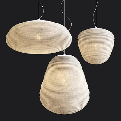 White Textured Pendant Lights in Various Shapes Glowing on Black Background 3d model