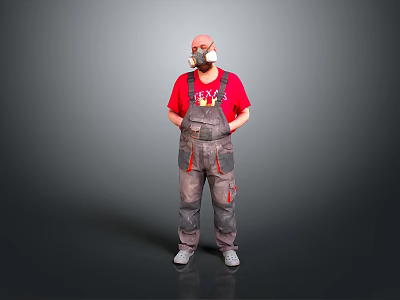 Man in Red T-shirt and Gray Overalls Wearing Gas Mask Standing Against Gray Background 3d model