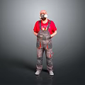 Man in Red T-shirt and Gray Overalls Wearing Gas Mask Standing Against Gray Background