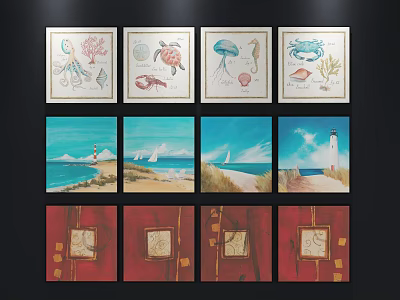 Framed Landscape Paintings With Lighthouse Sailboats And Beach Scenery Wall Art 3d model