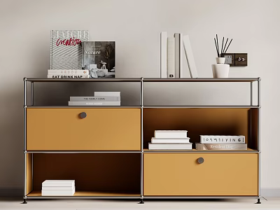 Modern Storage Shelving Unit With Metal Frame Yellow Drawers Open Shelves And Decorative Items 3d model