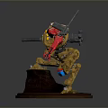 Detailed Mechanical Character With Yellow Red Armor Holding Weapons On Rocky Base