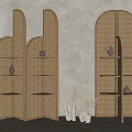 Rattan Room Dividers with Arched Design and Shelves Holding Decorative Vases on Neutral Wall Background
