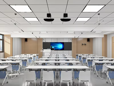 School Modern Classroom Featuring Rows of Desks Chairs Large Screen And Ceiling Lights 3d model