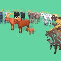 Group of Colorful Goats with Various Sizes and Brown Gray White Fur on Green Background