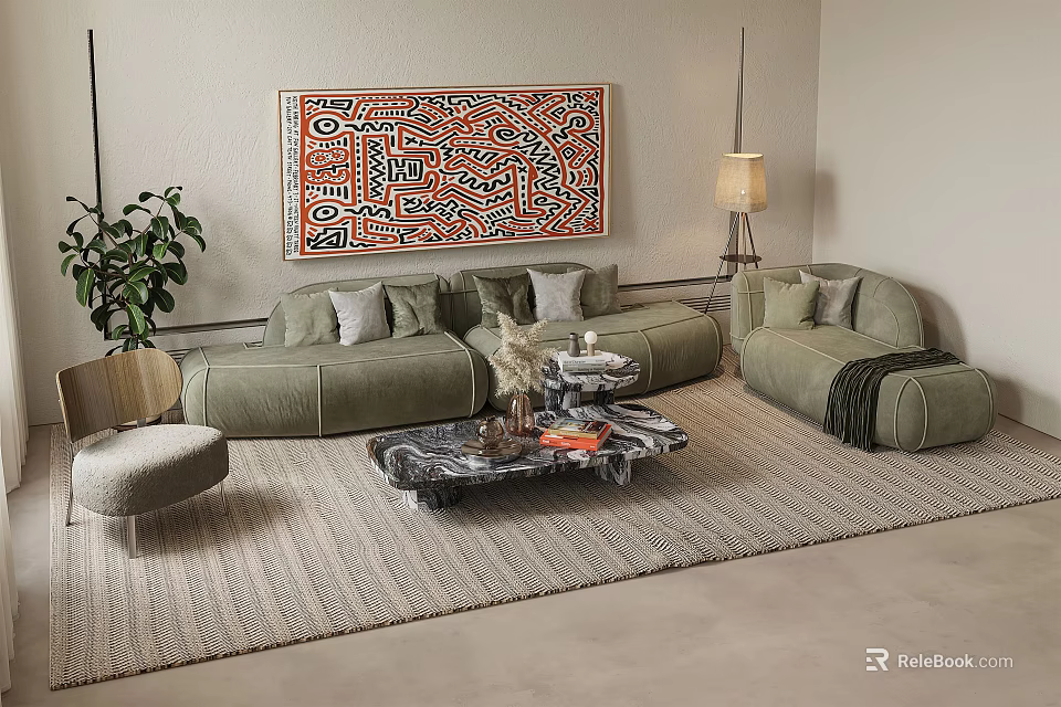 Modern Living Room With Green Sofa Abstract Painting Floor Lamp Marble Coffee Table And Plants 3d model 