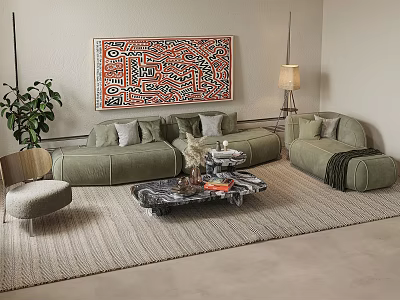 Modern Living Room With Green Sofa Abstract Painting Floor Lamp Marble Coffee Table And Plants 3d model