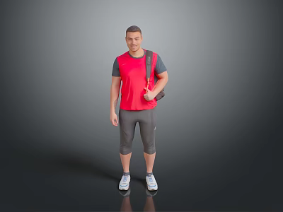 Man Standing In Simple Gray Background Wearing Red Shirt And Gray Pants Carrying Bag 3d model