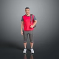 Man Standing In Simple Gray Background Wearing Red Shirt And Gray Pants Carrying Bag