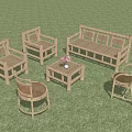 Outdoor Table and Chair Set with Wicker Chairs Wooden Bench and Flower Vase on Grass