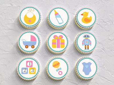 Baby Themed Decorative Round Pieces with Bib Baby Bottle Rubber Duck and Stroller Patterns 3d model