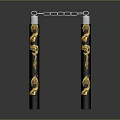 Traditional Nunchucks With Black Handles And Golden Dragon Patterns Connected By Silver Chain